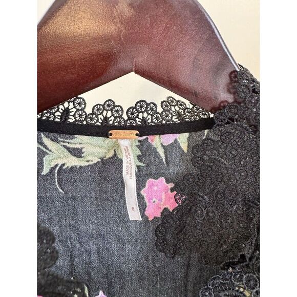 Free People Sz 8 Alora Mini Dress Black Pink Orange Floral Lace V Neck Buttons - Picture 4 of 10
